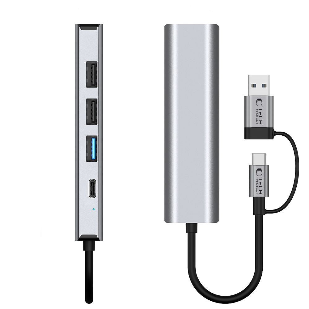 Tech-Protect HB03 HUB adapteris 5in1 USB-C + USB2.0 + USB3.0 + RJ45 - pilkas -- USB Adapters