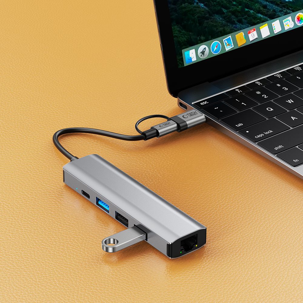 Tech-Protect HB03 HUB adapteris 5in1 USB-C + USB2.0 + USB3.0 + RJ45 - pilkas -- USB Adapters