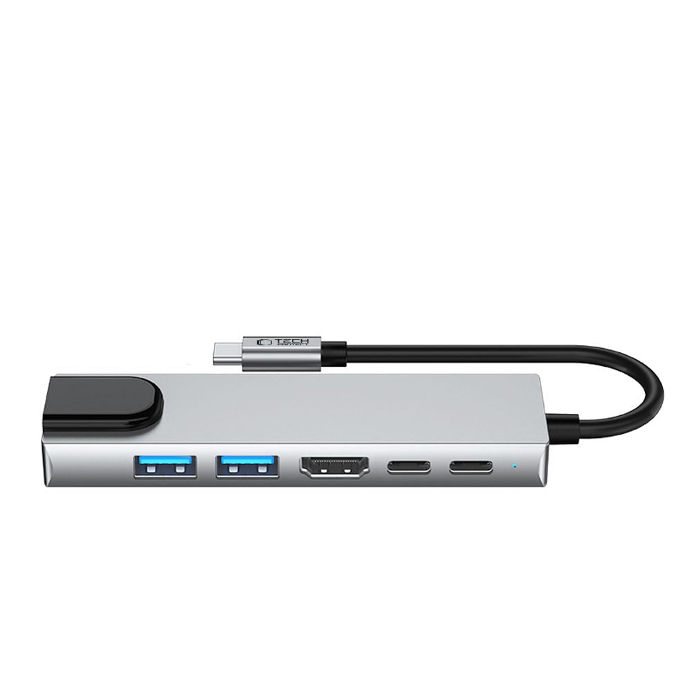 Tech-Protect HB02 HUB adapteris 6in1 USB-C + USB2.0 + USB3.0 + HDMI 4K 30Hz + RJ45 + PD100W - pilka -- USB Adapters