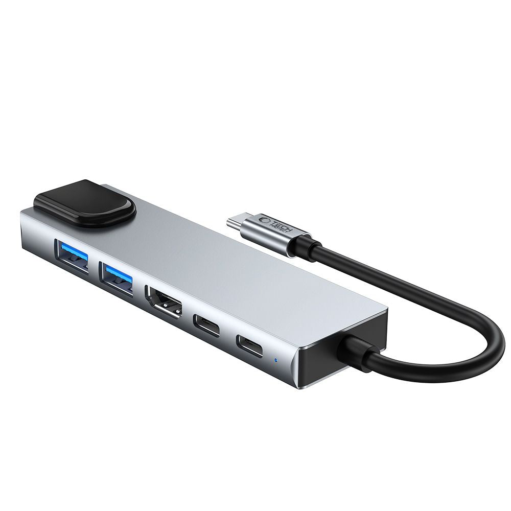 Tech-Protect HB02 HUB adapteris 6in1 USB-C + USB2.0 + USB3.0 + HDMI 4K 30Hz + RJ45 + PD100W - pilka -- USB Adapters