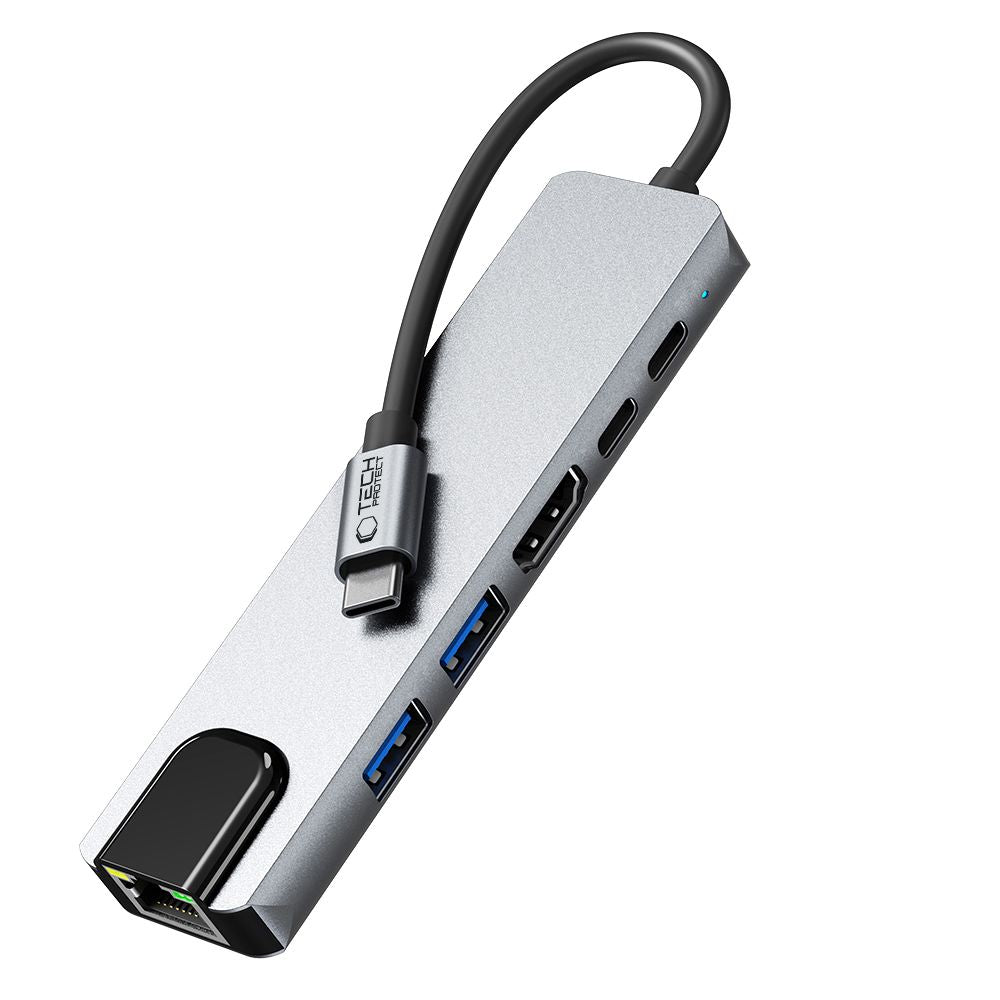 Tech-Protect HB02 HUB adapteris 6in1 USB-C + USB2.0 + USB3.0 + HDMI 4K 30Hz + RJ45 + PD100W - pilka -- USB Adapters