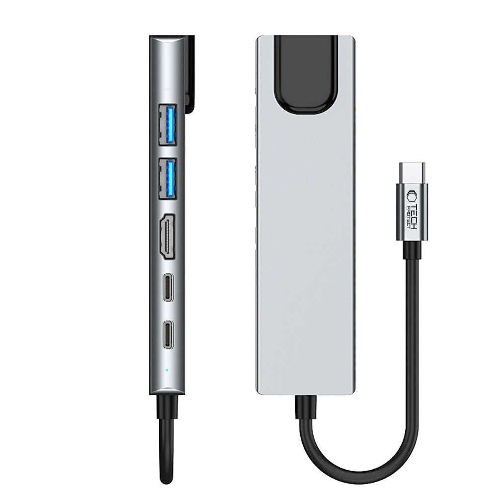 Tech-Protect HB02 HUB adapteris 6in1 USB-C + USB2.0 + USB3.0 + HDMI 4K 30Hz + RJ45 + PD100W - pilka -- USB Adapters