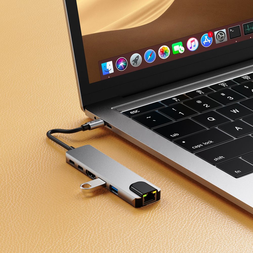 Tech-Protect HB02 HUB adapteris 6in1 USB-C + USB2.0 + USB3.0 + HDMI 4K 30Hz + RJ45 + PD100W - pilka -- USB Adapters