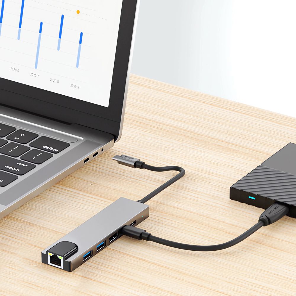 Tech-Protect HB02 HUB adapteris 6in1 USB-C + USB2.0 + USB3.0 + HDMI 4K 30Hz + RJ45 + PD100W - pilka -- USB Adapters