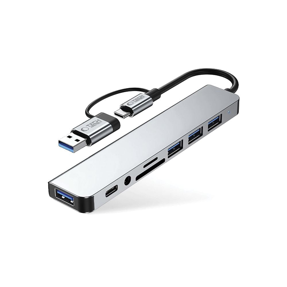 Tech-Protect HB06 HUB adapteris 8in1 TYPE-C + USB2.0 + USB3.0 + SD/TF + AV3.5 - pilka -- USB Adapters