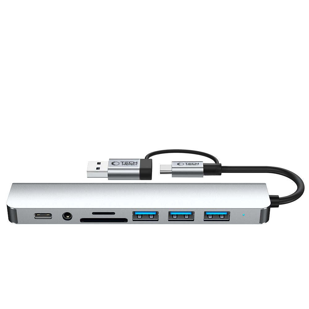 Tech-Protect HB06 HUB adapteris 8in1 TYPE-C + USB2.0 + USB3.0 + SD/TF + AV3.5 - pilka -- USB Adapters