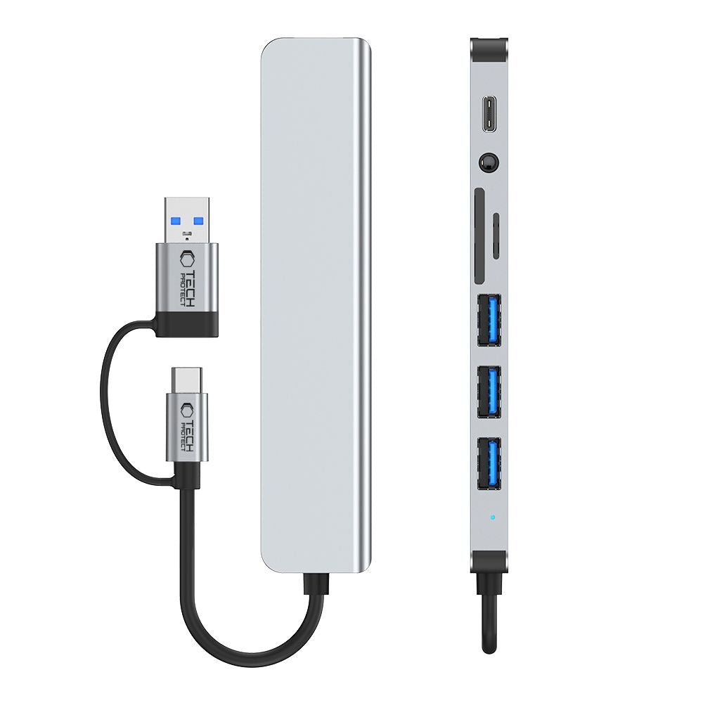Tech-Protect HB06 HUB adapteris 8in1 TYPE-C + USB2.0 + USB3.0 + SD/TF + AV3.5 - pilka -- USB Adapters