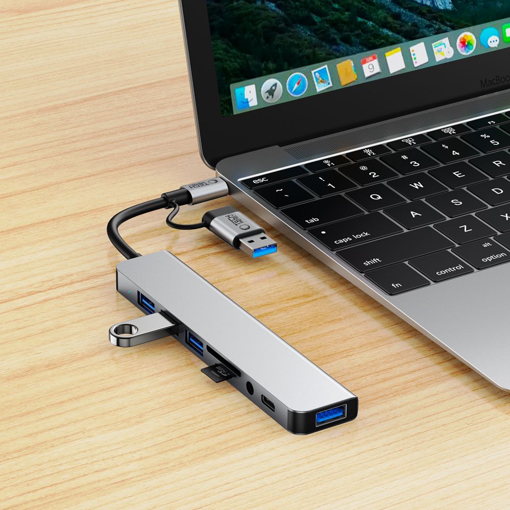 Tech-Protect HB06 HUB adapteris 8in1 TYPE-C + USB2.0 + USB3.0 + SD/TF + AV3.5 - pilka -- USB Adapters