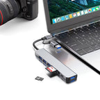 Tech-Protect HB06 HUB adapteris 8in1 TYPE-C + USB2.0 + USB3.0 + SD/TF + AV3.5 - pilka -- USB Adapters