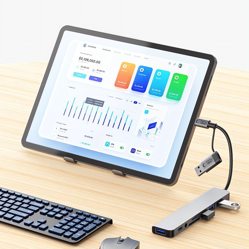 Tech-Protect HB06 HUB adapteris 8in1 TYPE-C + USB2.0 + USB3.0 + SD/TF + AV3.5 - pilka -- USB Adapters