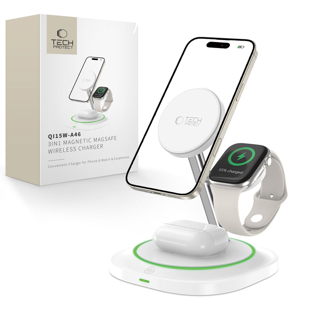 Tech-Protect QI15W-A46 3in1 magnetinis MagSafe indukcinis įkroviklis - baltas -- Cell phone chargers
