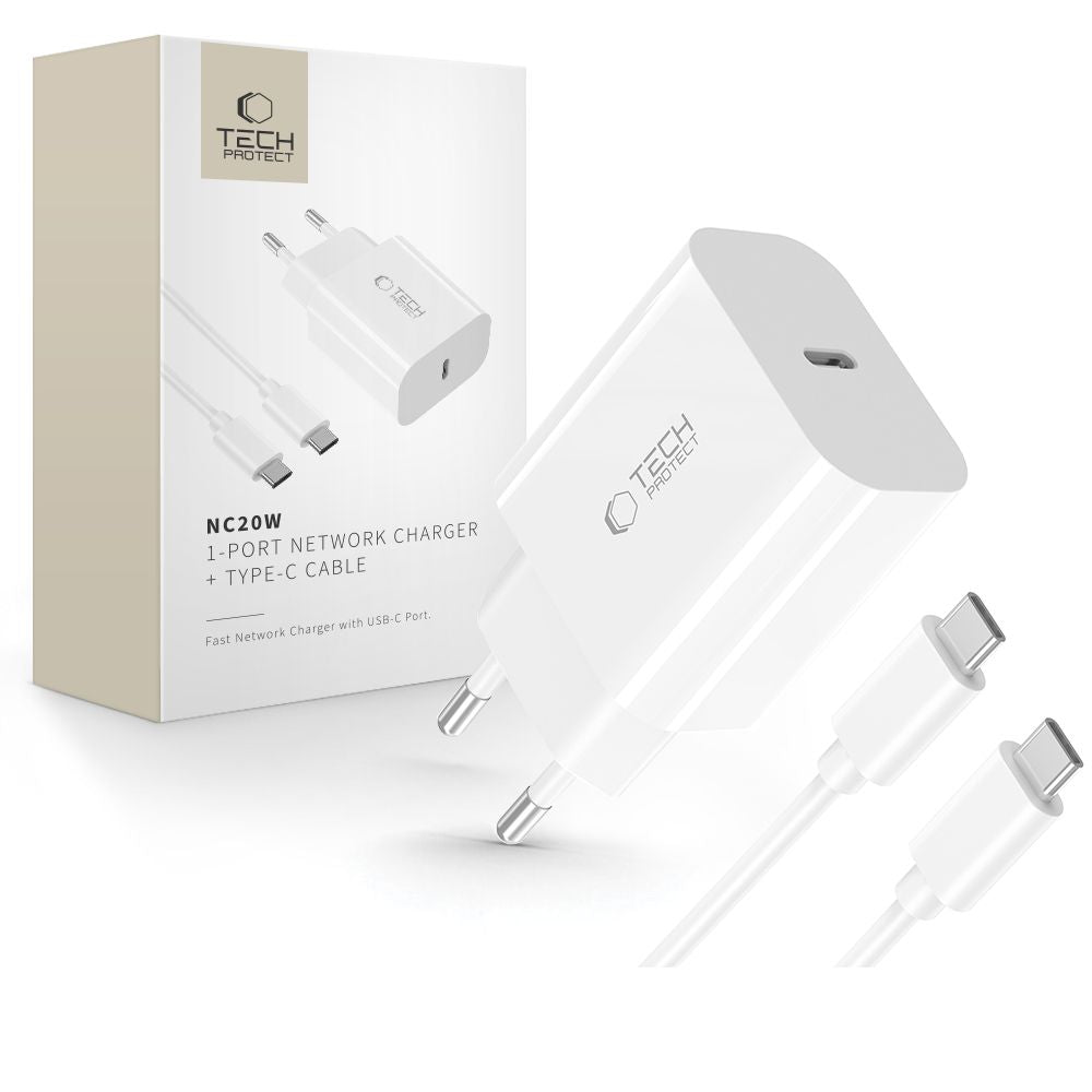 Tech-Protect NC20W PD20W USB-C sieninis įkroviklis su USB-C laidu - baltas -- Cell phone chargers