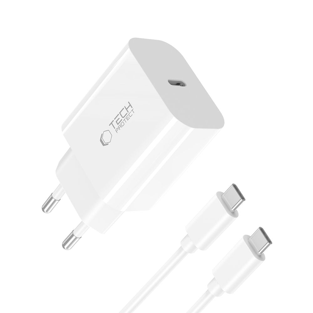 Tech-Protect NC20W PD20W USB-C sieninis įkroviklis su USB-C laidu - baltas -- Cell phone chargers