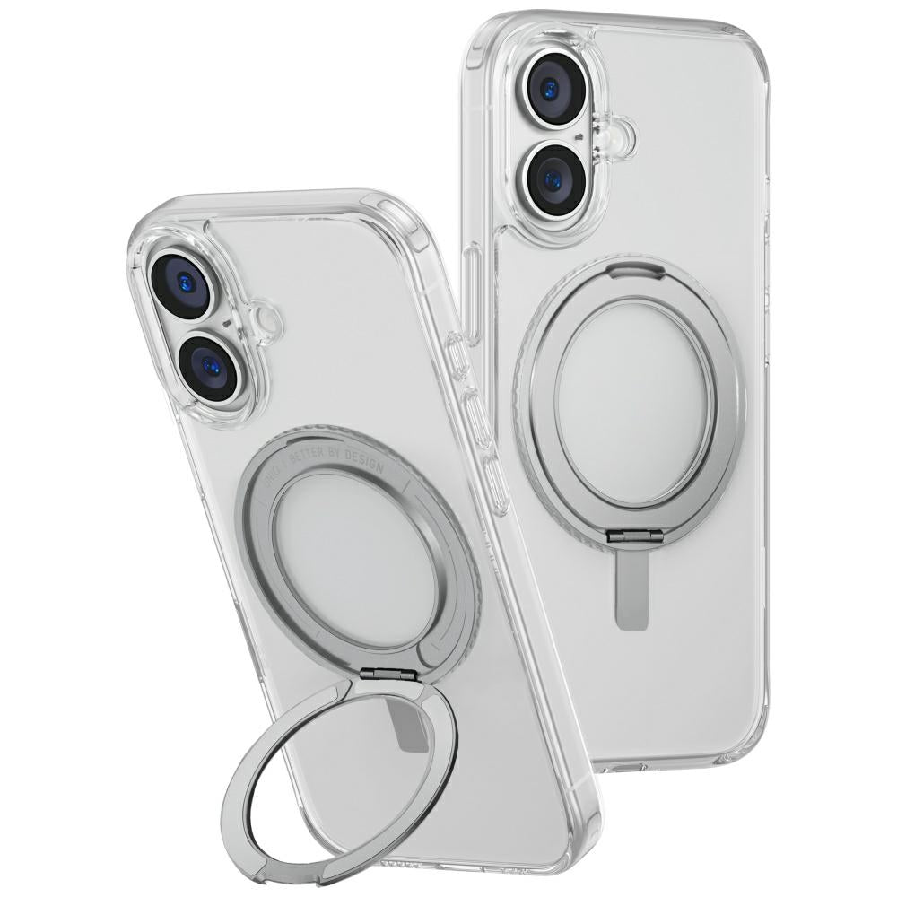 Uniq Swivix 360 dėklas su stovu iPhone 16 – skaidrus