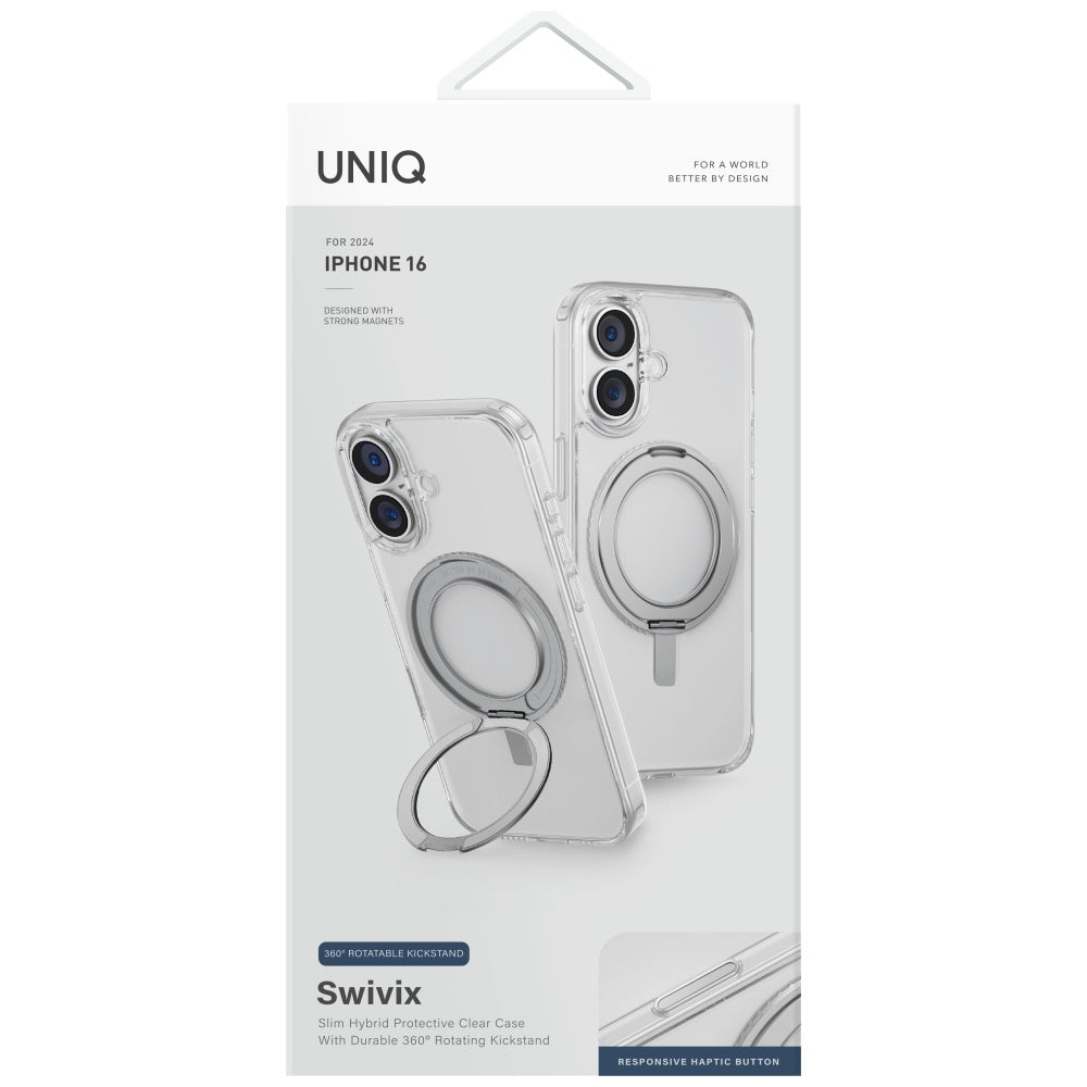 Uniq Swivix 360 dėklas su stovu iPhone 16 – skaidrus