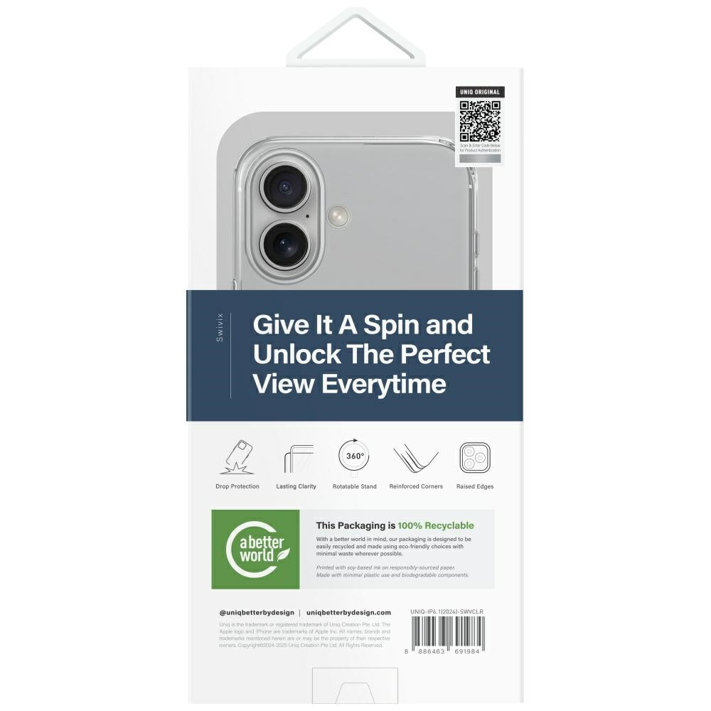 Uniq Swivix 360 dėklas su stovu iPhone 16 – skaidrus