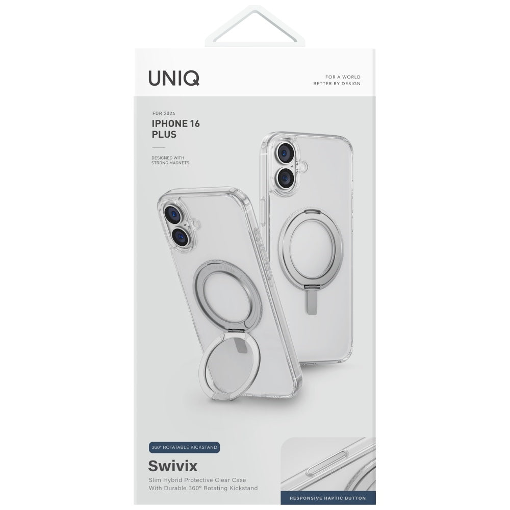 Uniq Swivix 360 dėklas iPhone 16 Plus – skaidrus