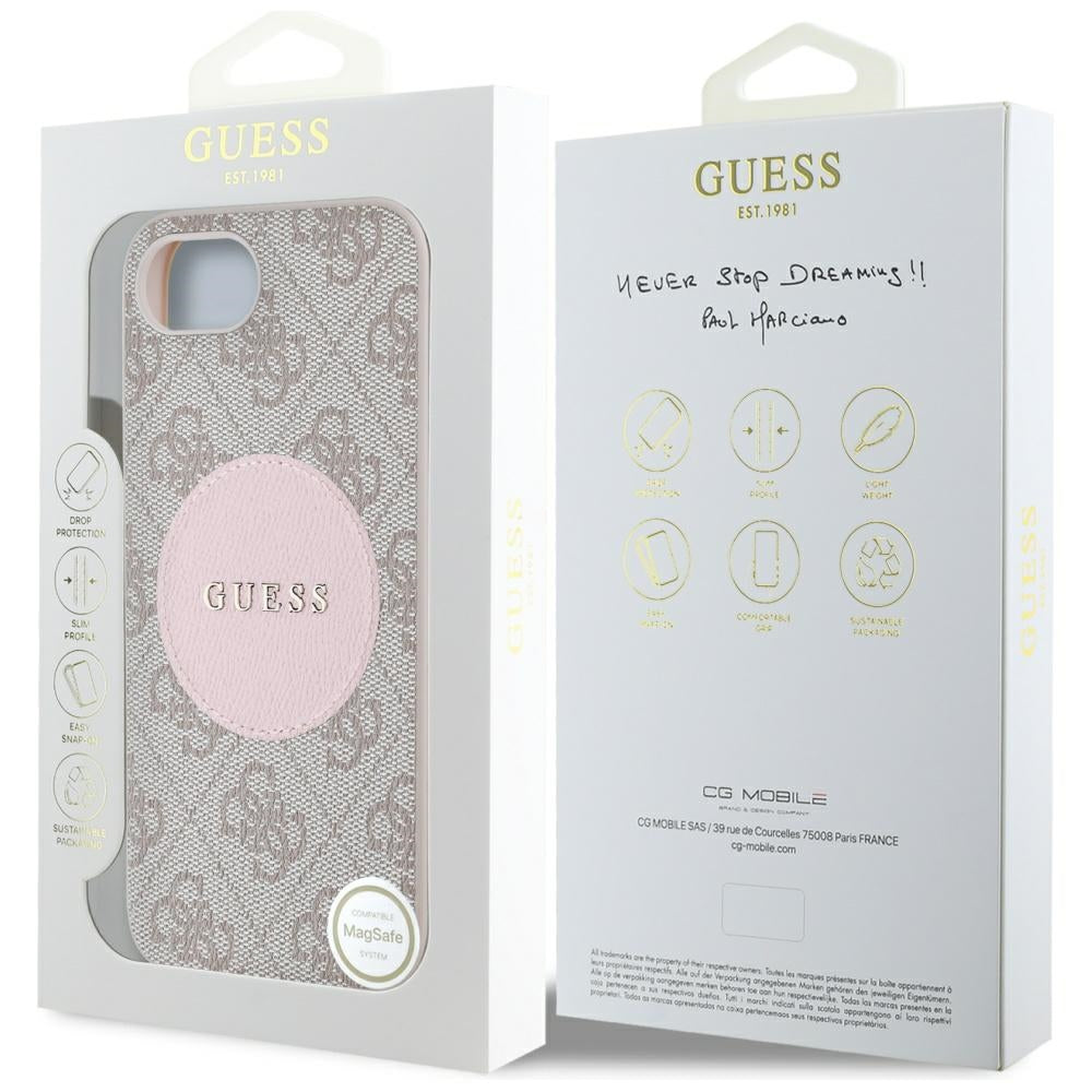 Guess MagSafe dėklas iPhone 16e – rožinis, eko oda