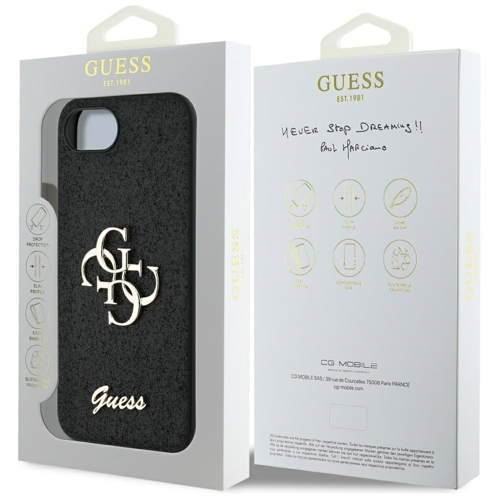Guess blizgantis 4G dėklas iPhone 16e – juodas