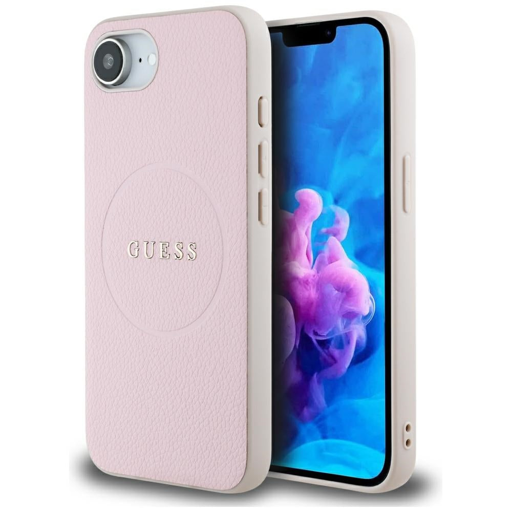 Guess Grained Ring MagSafe dėklas iPhone 16e – rožinis