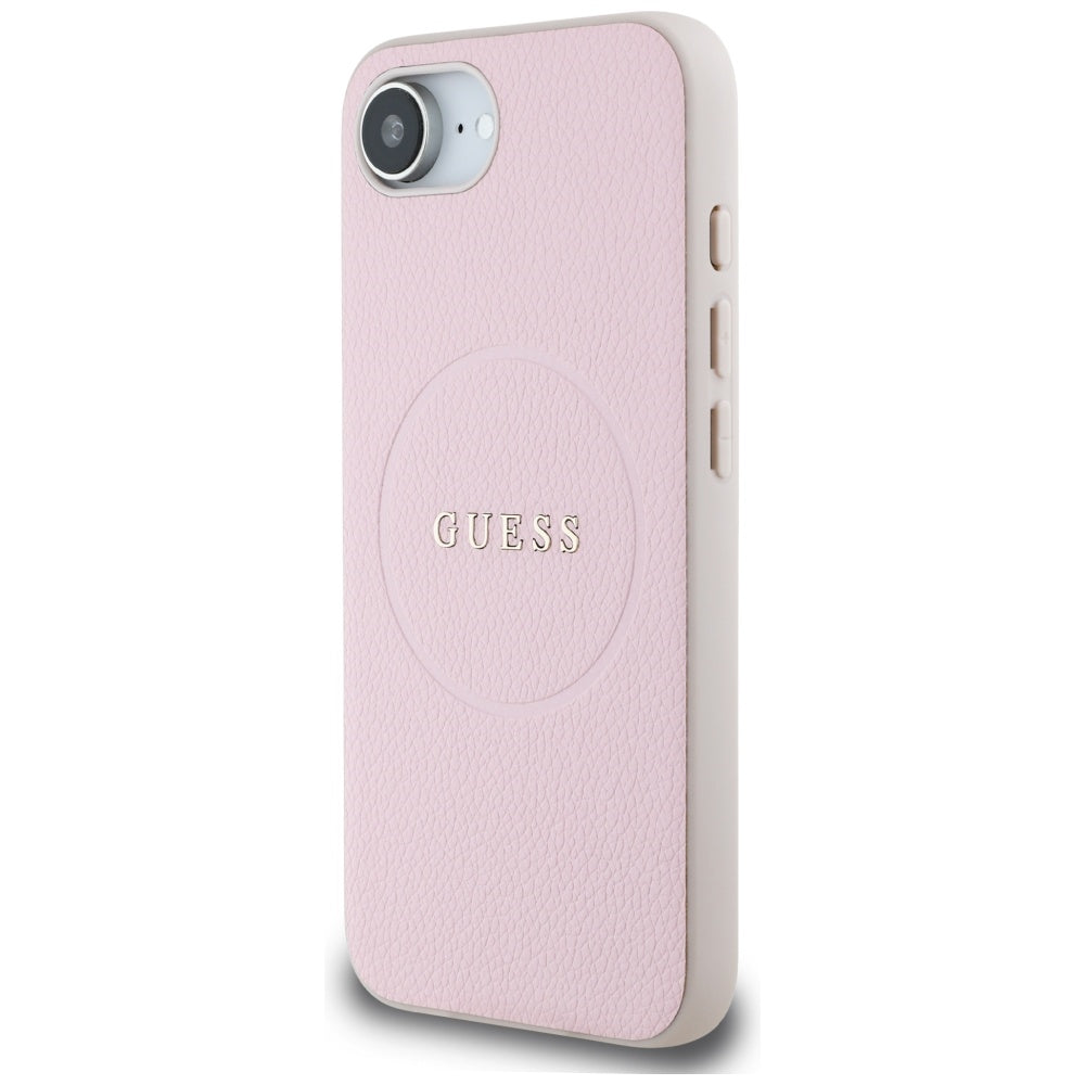Guess Grained Ring MagSafe dėklas iPhone 16e – rožinis