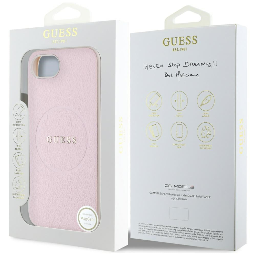 Guess Grained Ring MagSafe dėklas iPhone 16e – rožinis