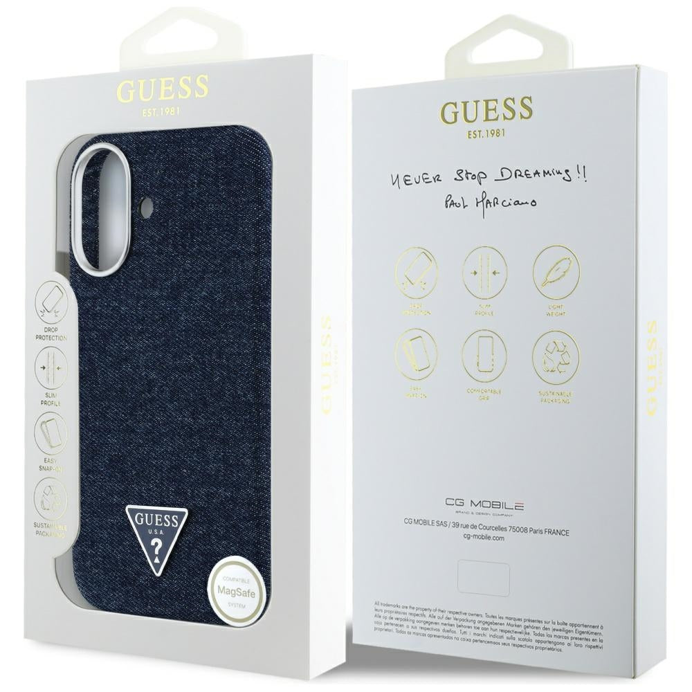 Guess MagSafe dėklas iPhone 16 – mėlynas džinsinis