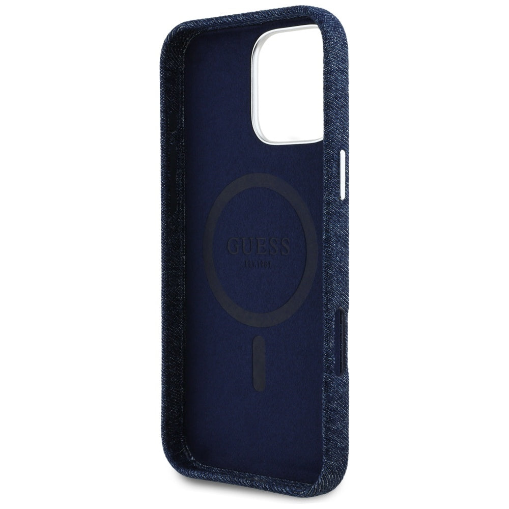 Guess MagSafe džinsinis dėklas iPhone 16 Pro Max – mėlynas