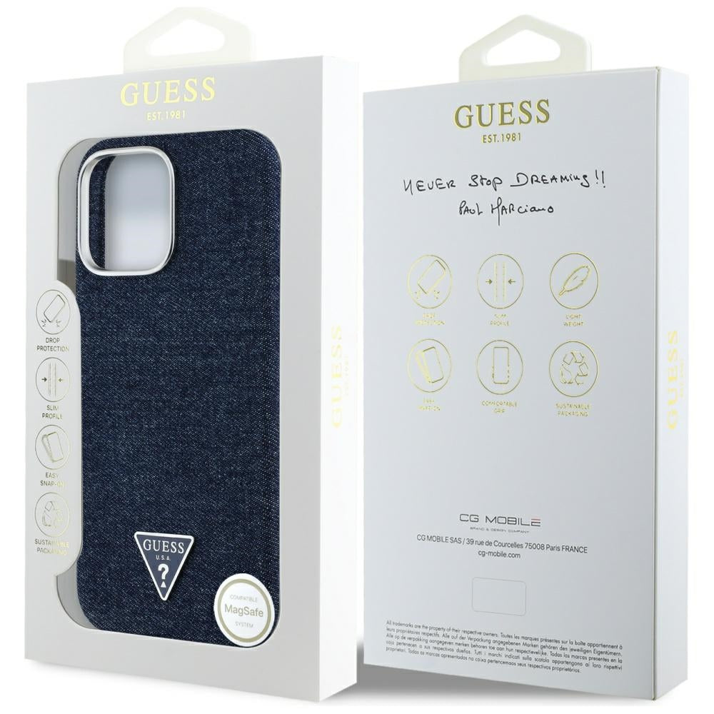 Guess MagSafe džinsinis dėklas iPhone 16 Pro Max – mėlynas