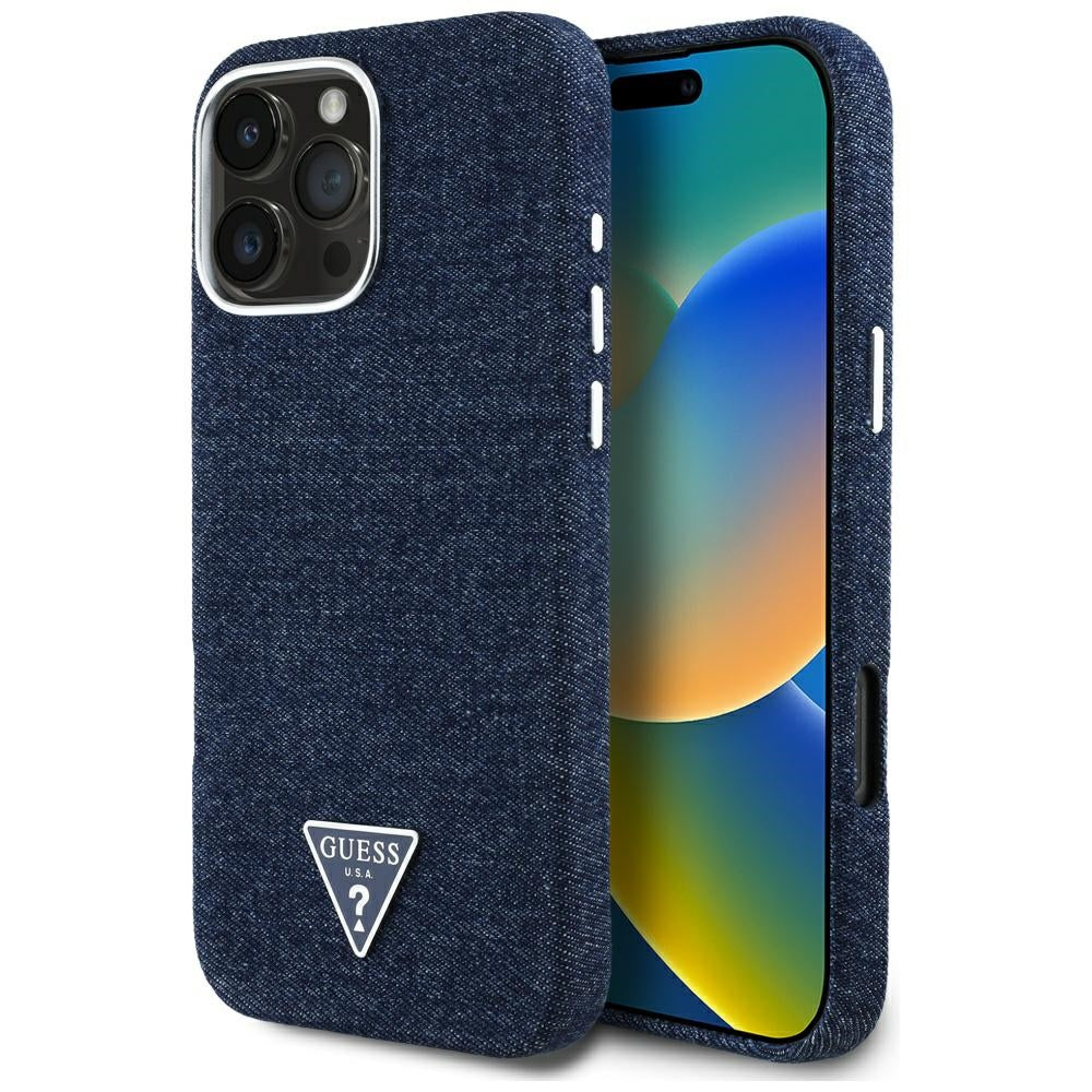 Guess MagSafe dėklas iPhone 16 Pro – mėlynas (džinsinis)