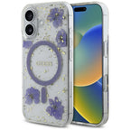 Guess Resin Flowers Glitter MagSafe dėklas, skirtas iPhone 16 - violetinė