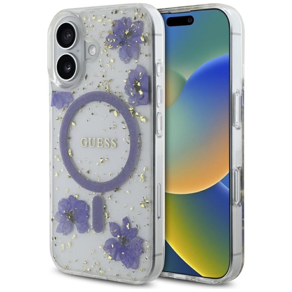 Guess Resin Flowers Glitter MagSafe dėklas, skirtas iPhone 16 - violetinė