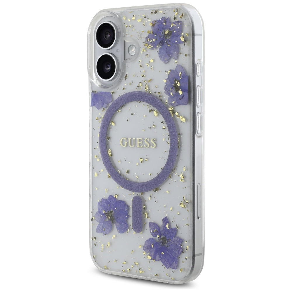 Guess Resin Flowers Glitter MagSafe dėklas, skirtas iPhone 16 - violetinė