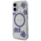Guess Resin Flowers Glitter MagSafe dėklas, skirtas iPhone 16 - violetinė