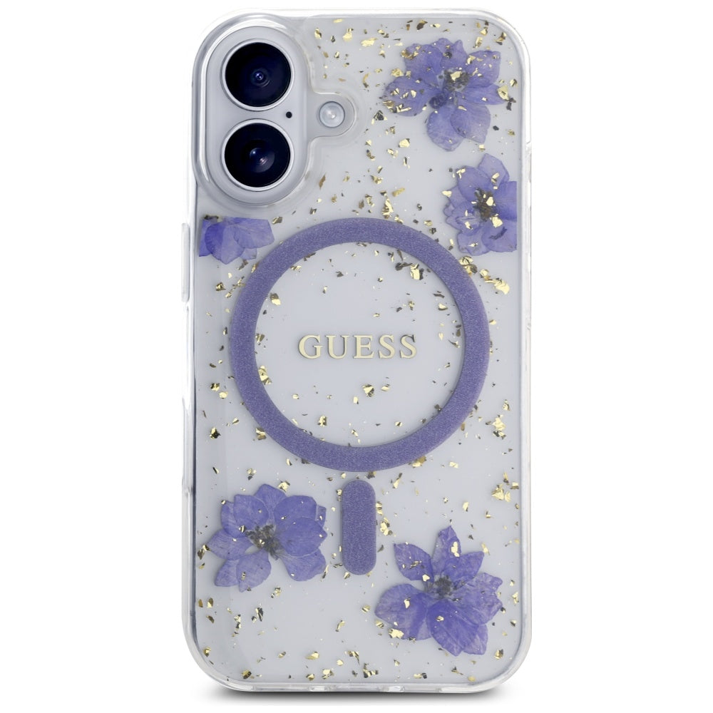 Guess Resin Flowers Glitter MagSafe dėklas, skirtas iPhone 16 - violetinė