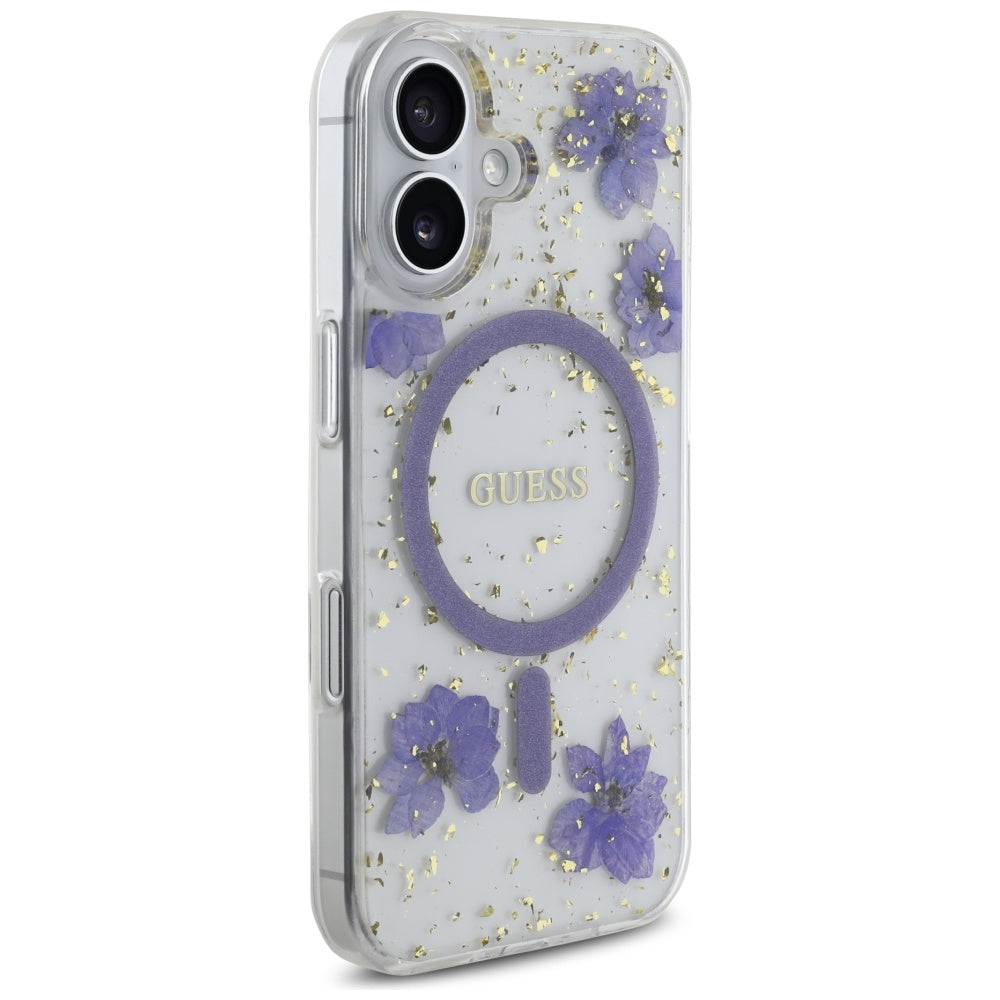 Guess Resin Flowers Glitter MagSafe dėklas, skirtas iPhone 16 - violetinė