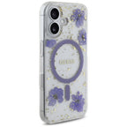 Guess Resin Flowers Glitter MagSafe dėklas, skirtas iPhone 16 - violetinė