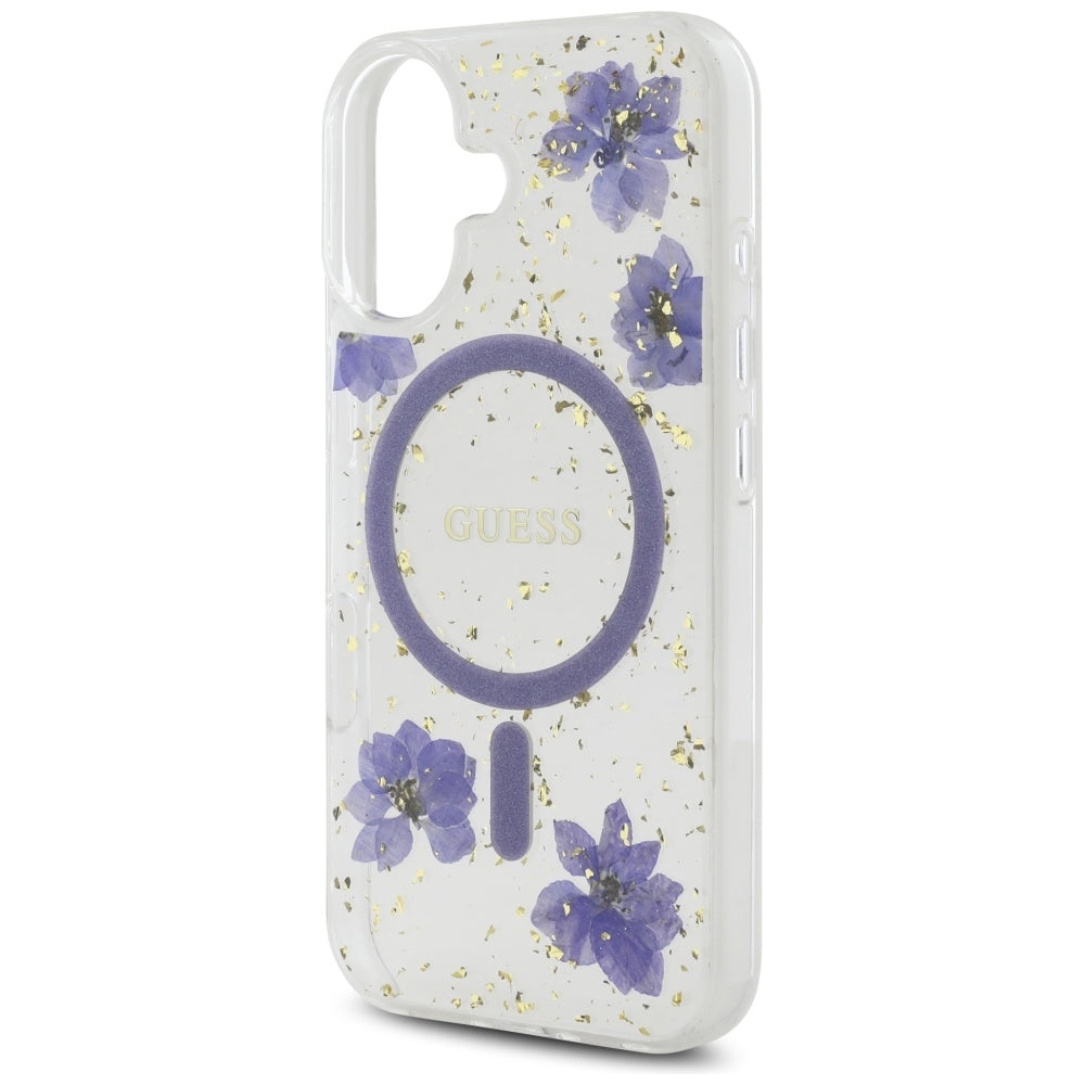 Guess Resin Flowers Glitter MagSafe dėklas, skirtas iPhone 16 - violetinė