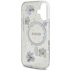 Guess Resin Flowers Glitter MagSafe dėklas, skirtas iPhone 16 - violetinė
