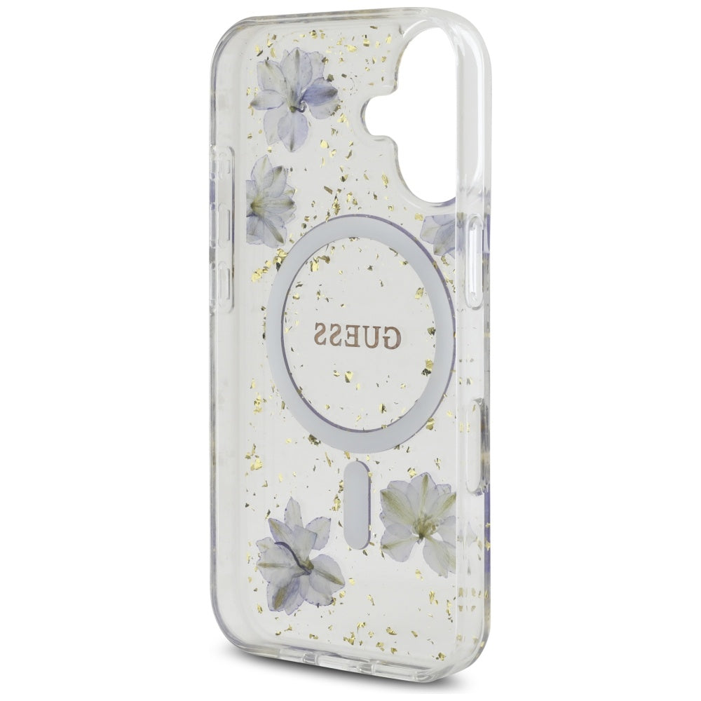 Guess Resin Flowers Glitter MagSafe dėklas, skirtas iPhone 16 - violetinė