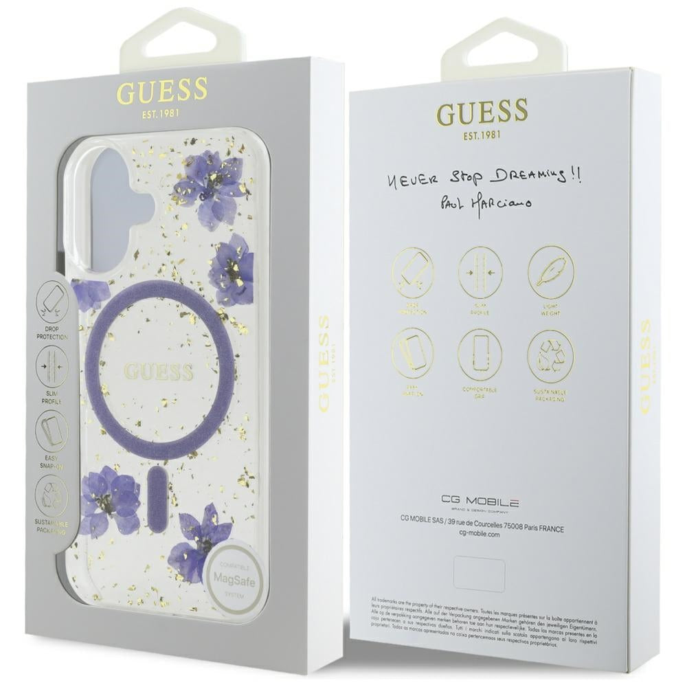 Guess Resin Flowers Glitter MagSafe dėklas, skirtas iPhone 16 - violetinė