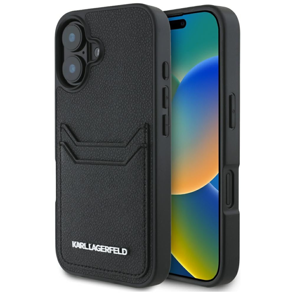 Karl Lagerfeld dėklas iPhone 16 – juodas, su kišenėlėmis
