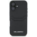 Karl Lagerfeld dėklas iPhone 16 – juodas, su kišenėlėmis