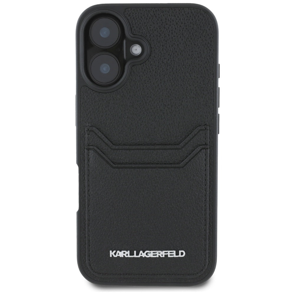 Karl Lagerfeld dėklas iPhone 16 – juodas, su kišenėlėmis