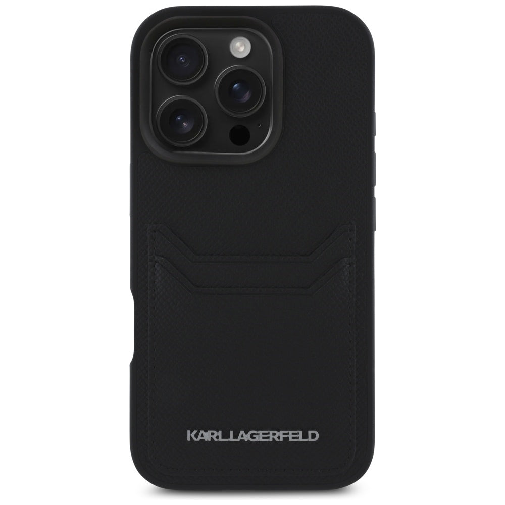 Karlas Lagerfeldas HC Grūdintas PU Metalinis pailgas Kortelės lizdo dėklas, skirtas iPhone 16 Pro Max – juodas