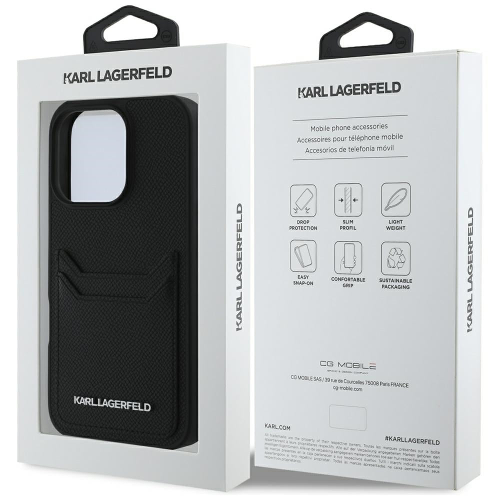 Karlas Lagerfeldas HC Grūdintas PU Metalinis pailgas Kortelės lizdo dėklas, skirtas iPhone 16 Pro Max – juodas