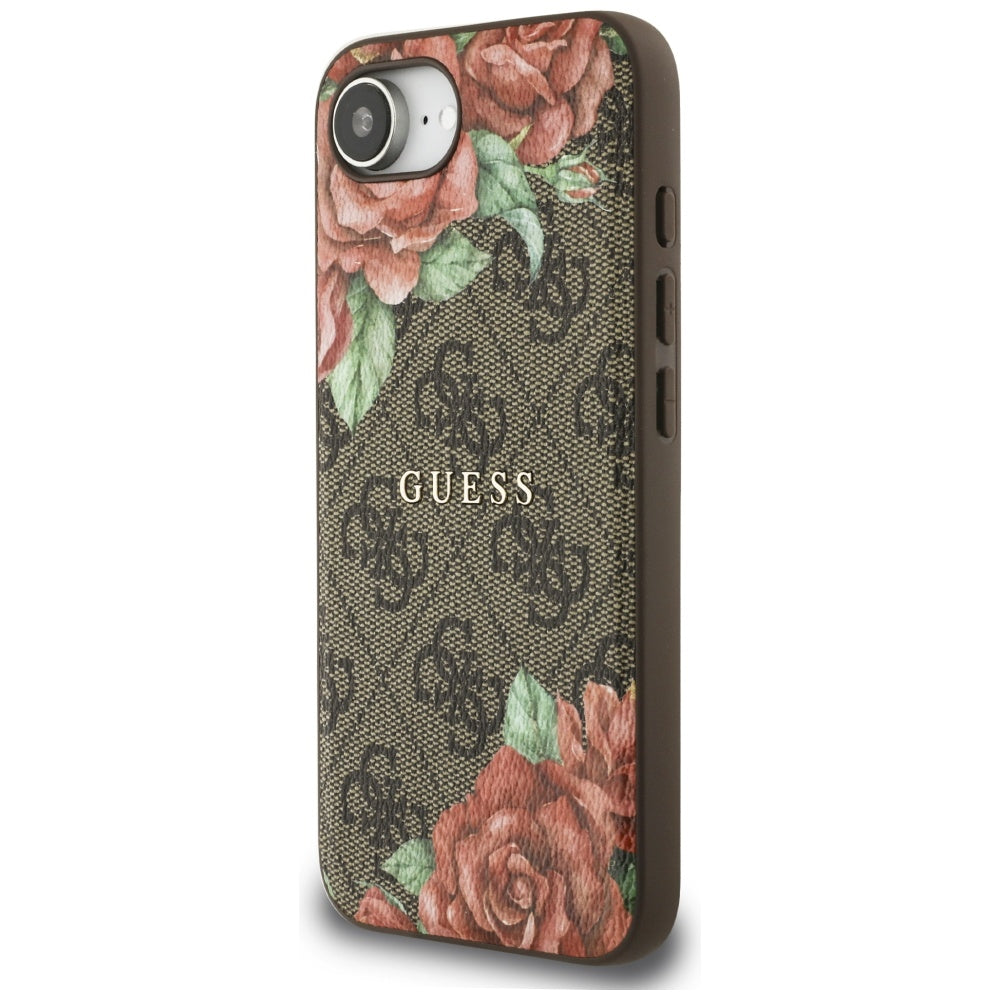 Guess MagSafe dėklas iPhone 16e – rudas, gėlės