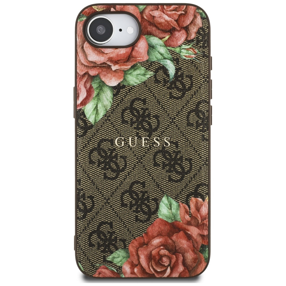 Guess MagSafe dėklas iPhone 16e – rudas, gėlės