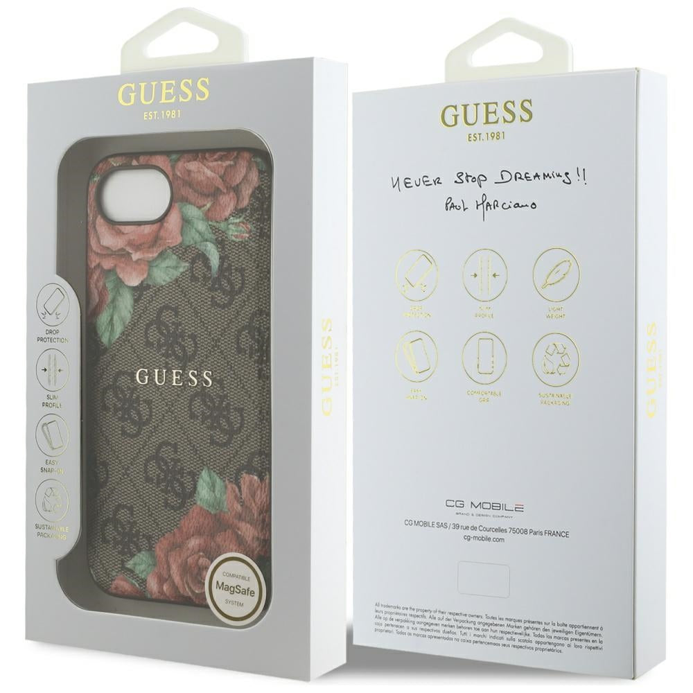 Guess MagSafe dėklas iPhone 16e – rudas, gėlės
