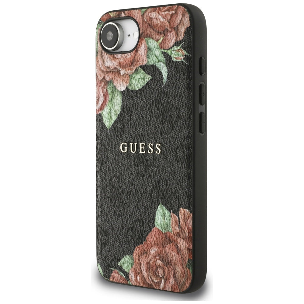 Guess MagSafe dėklas iPhone 16e – juodas, gėlės